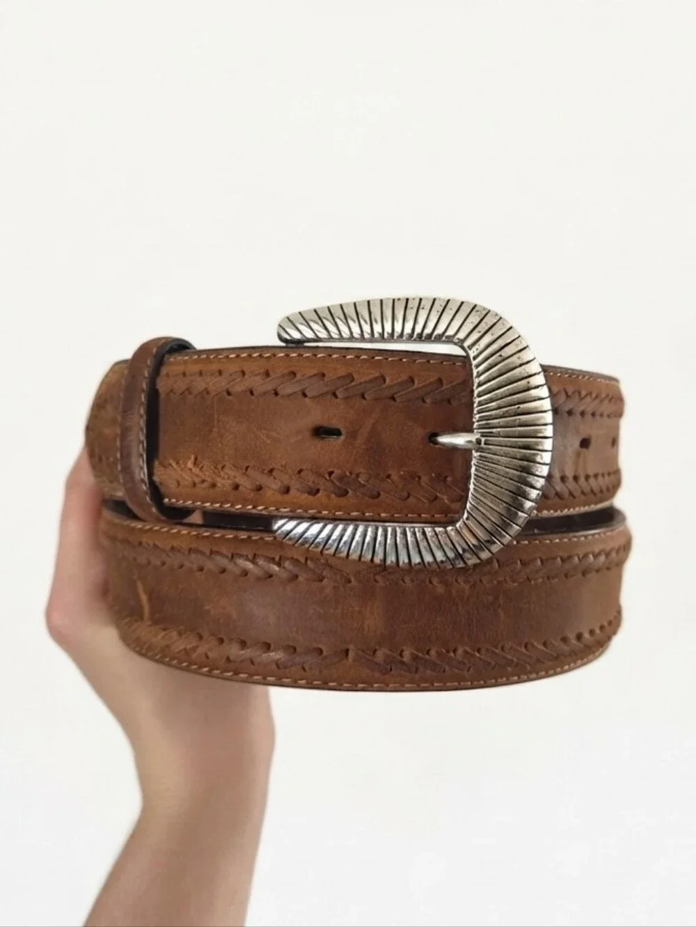 Vintage Tony Lama Western Leather Belt with Ornate Silver Buckle Size 36